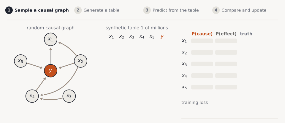 Animation: a random causal graph generates a synthetic table; with the graph hidden, Nori-Causal predicts each feature's probability of being a cause or an effect of y, the predictions are checked against the true graph, and the training loss falls over successive tables